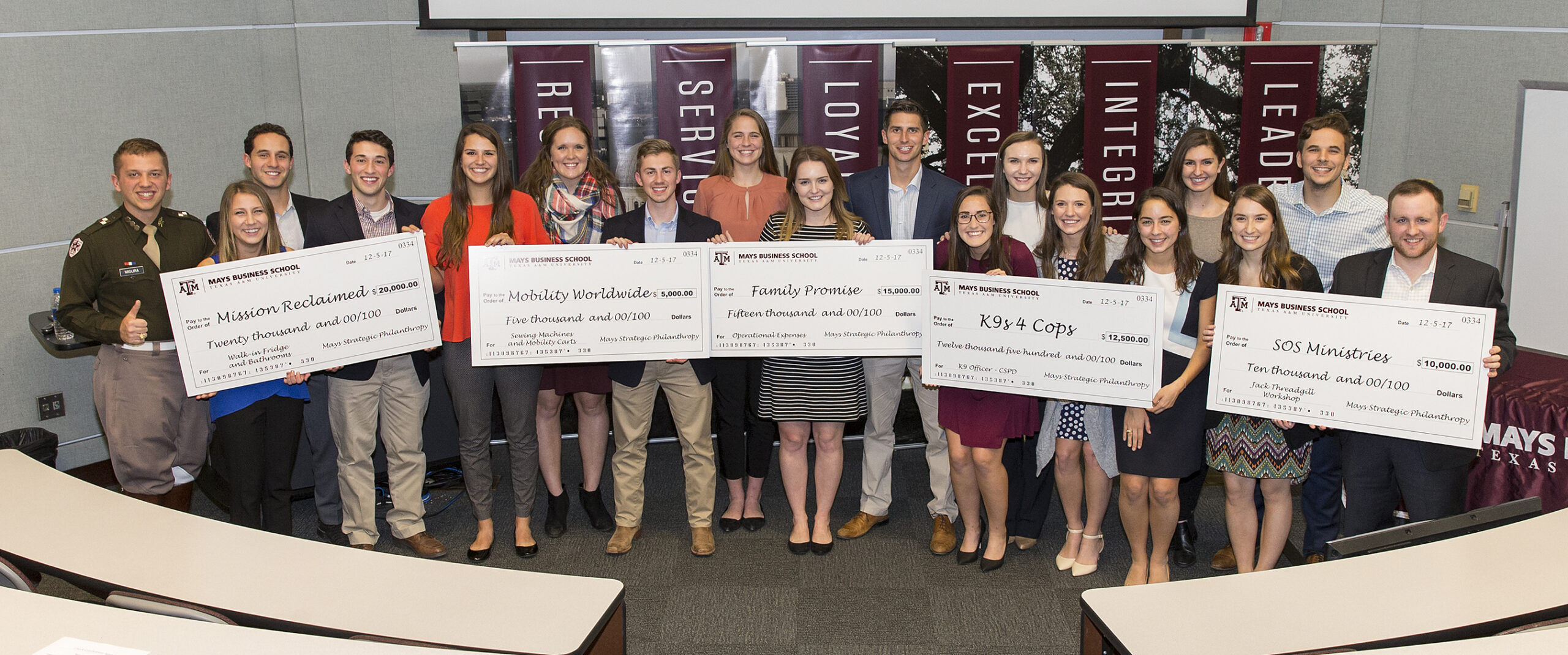 the five nonprofits selected to receive funding, holding their checks
