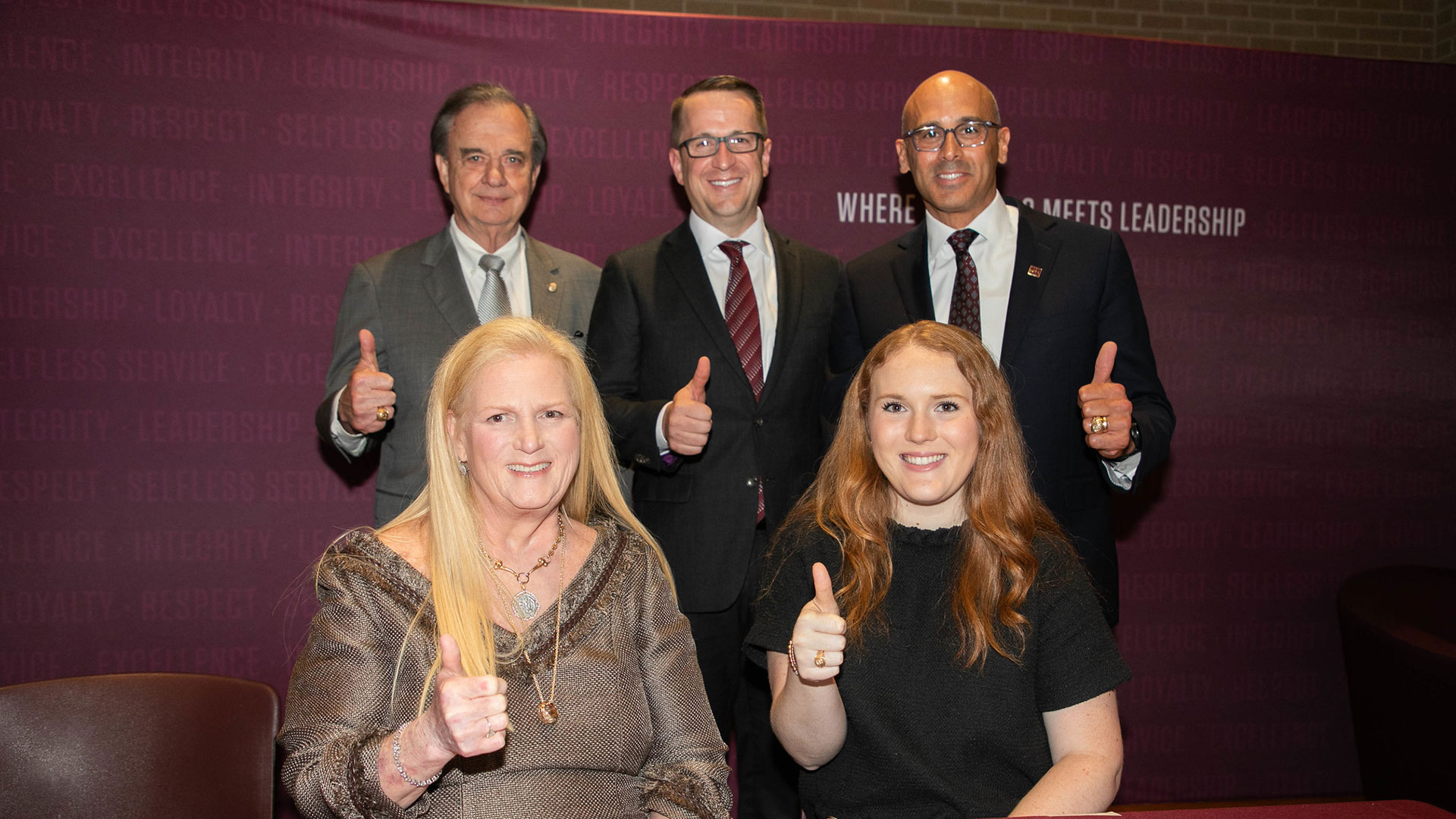 The Texas A&M University System Chancellor John Sharp, Mays Business School Dean Nate Sharp, Texas A&M Foundation, President & Chief Executive Officer Tyson Voelkel '96, Kathy Mays and Paige Johnson '21