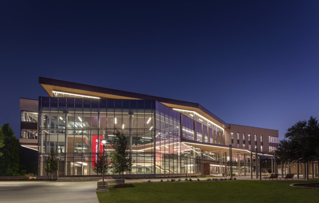 Exterior of Wayne Roberts Building at Texas A&M at night