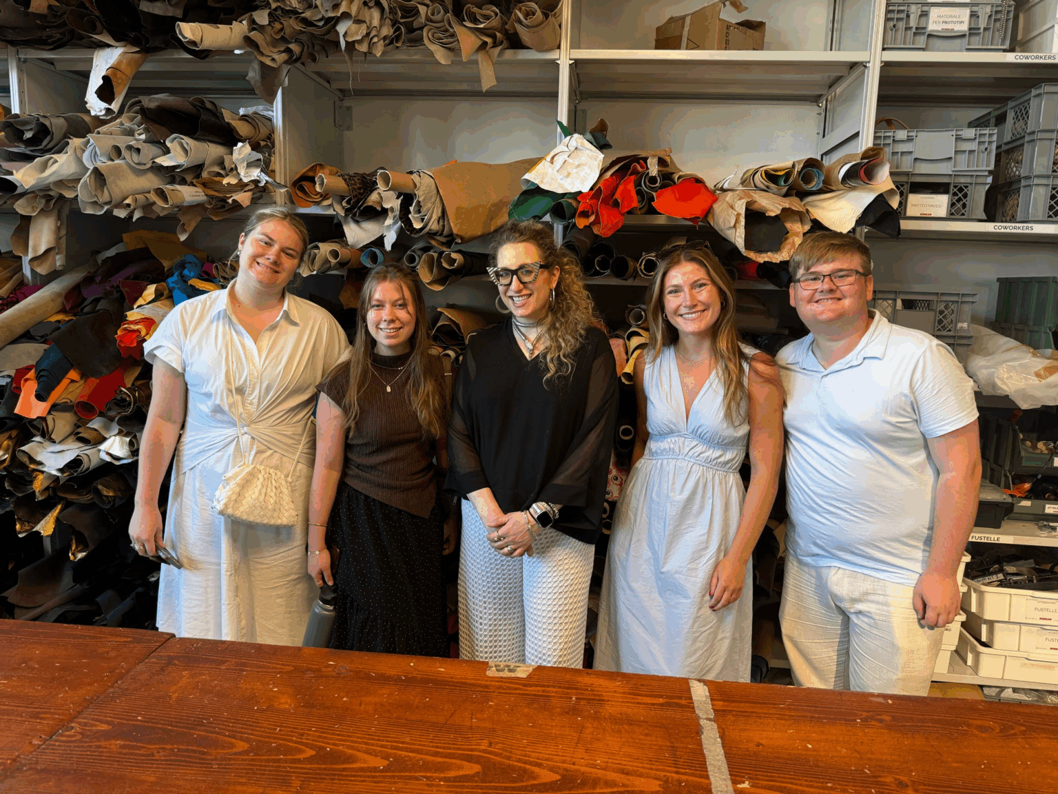Group of students in a fabric store in Italy